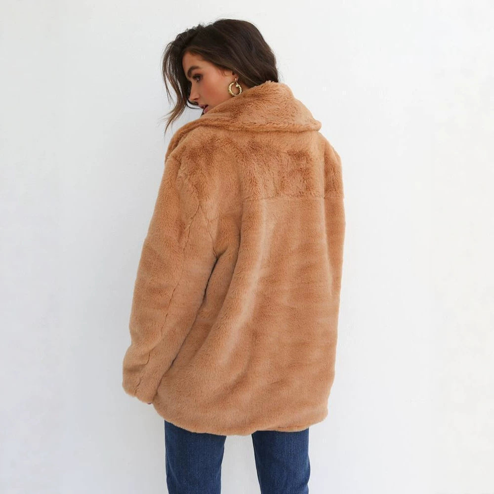 Tan faux fur winter jacket with notched collar, open front and long sleeves