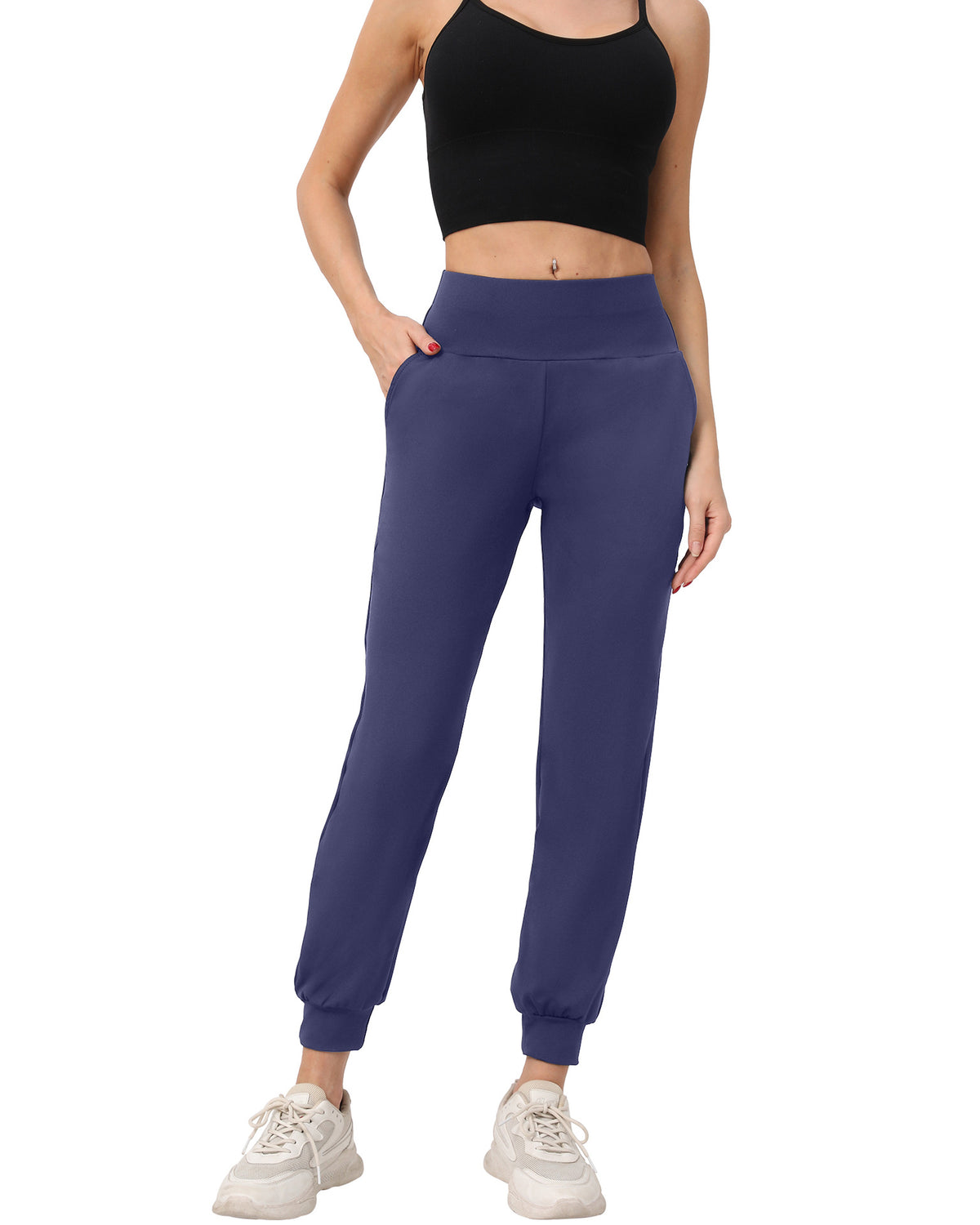 Jogger Pants for Women with Pockets — High Waisted Tapered Fit in Stretch Polyester