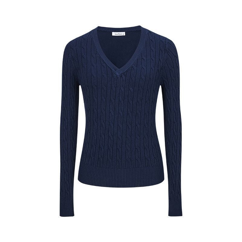 Navy V-neck twist knit sweater, long sleeves, thin fitted knit top