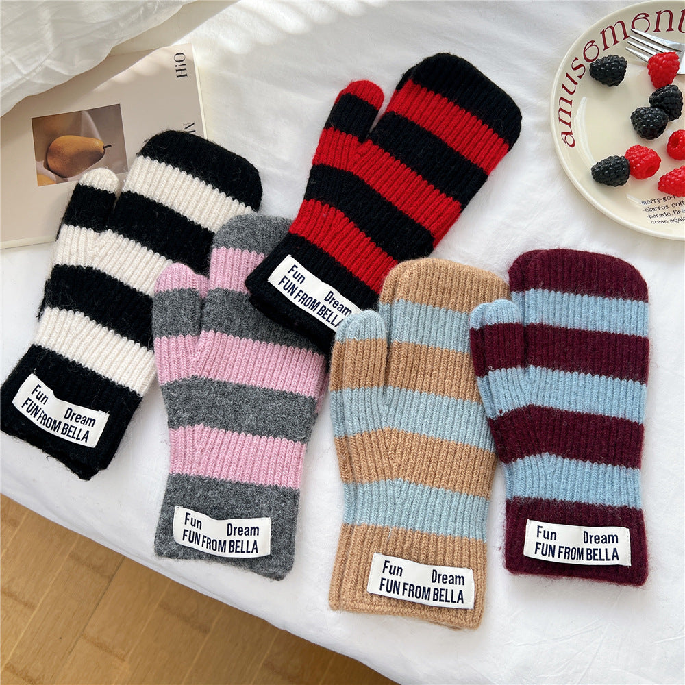 Striped knit wool two-finger gloves, black with red and white stripes