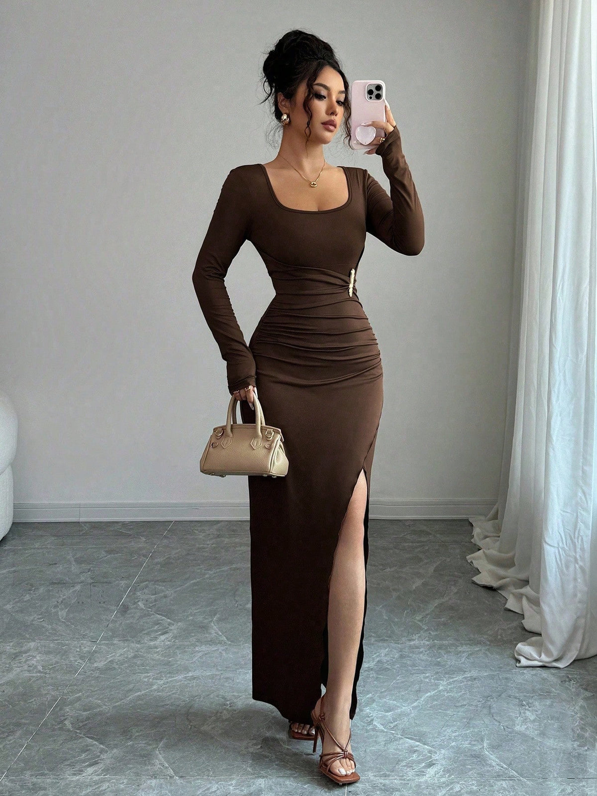Long Sleeve Bodycon Maxi Dress — Ruched Scoop Neck Gown with High Side Slit