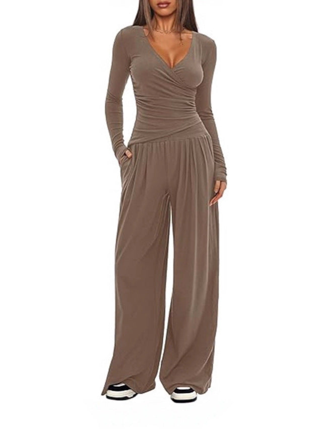 Women’s relaxed wide-leg pants with elastic waistband, light taupe drape