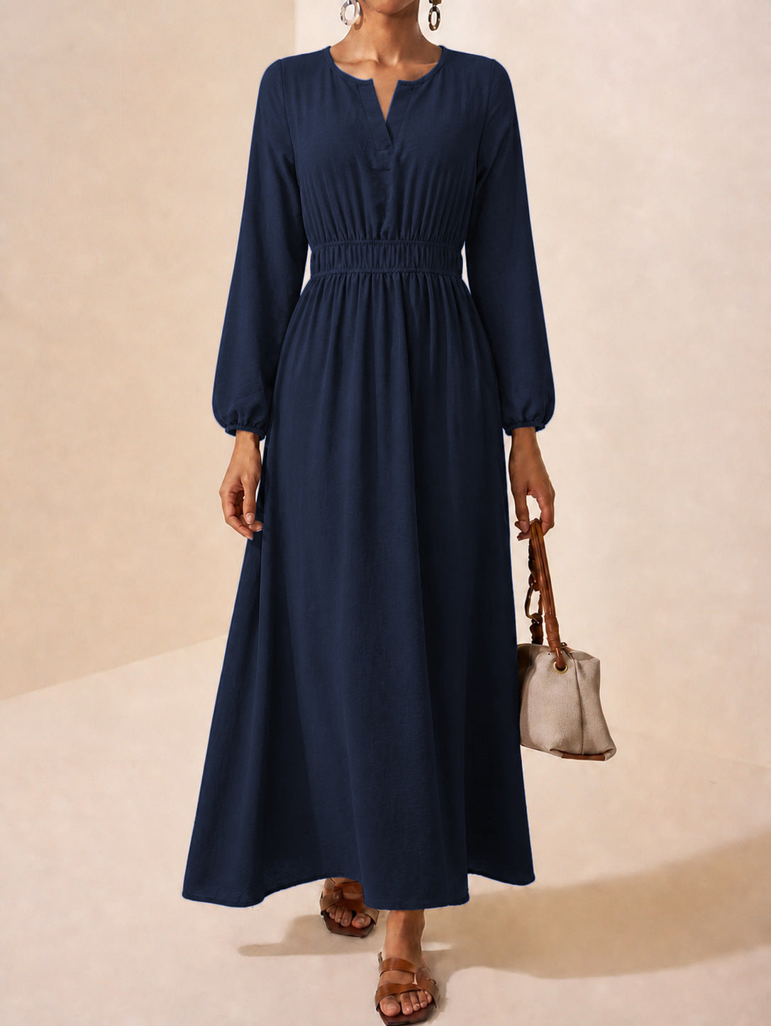 Long Sleeve Maxi Dress — Split Neck Smocked Waist with Lantern Cuffs in Viscose