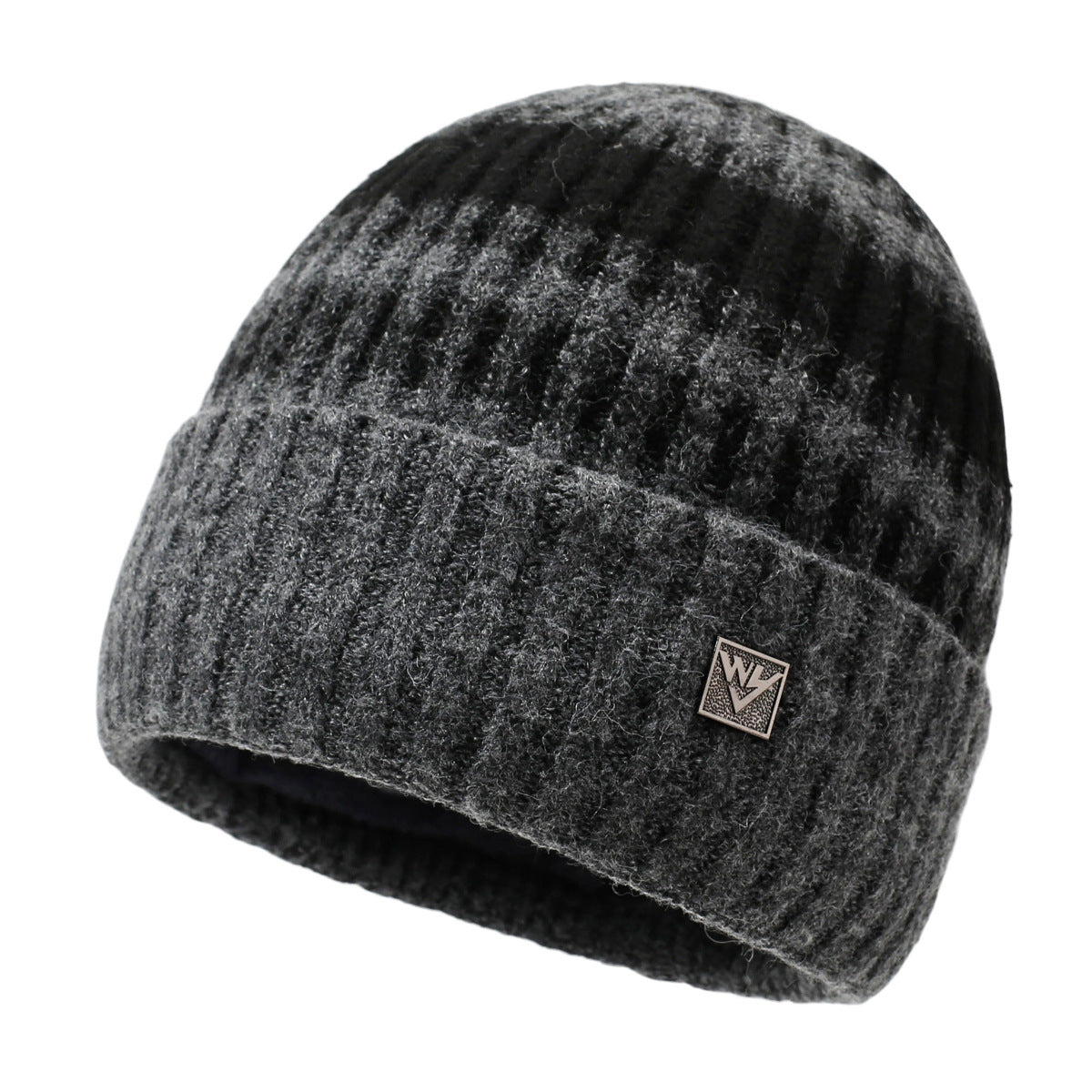 Dark gray plaid knit beanie with ribbed knit band and small logo patch