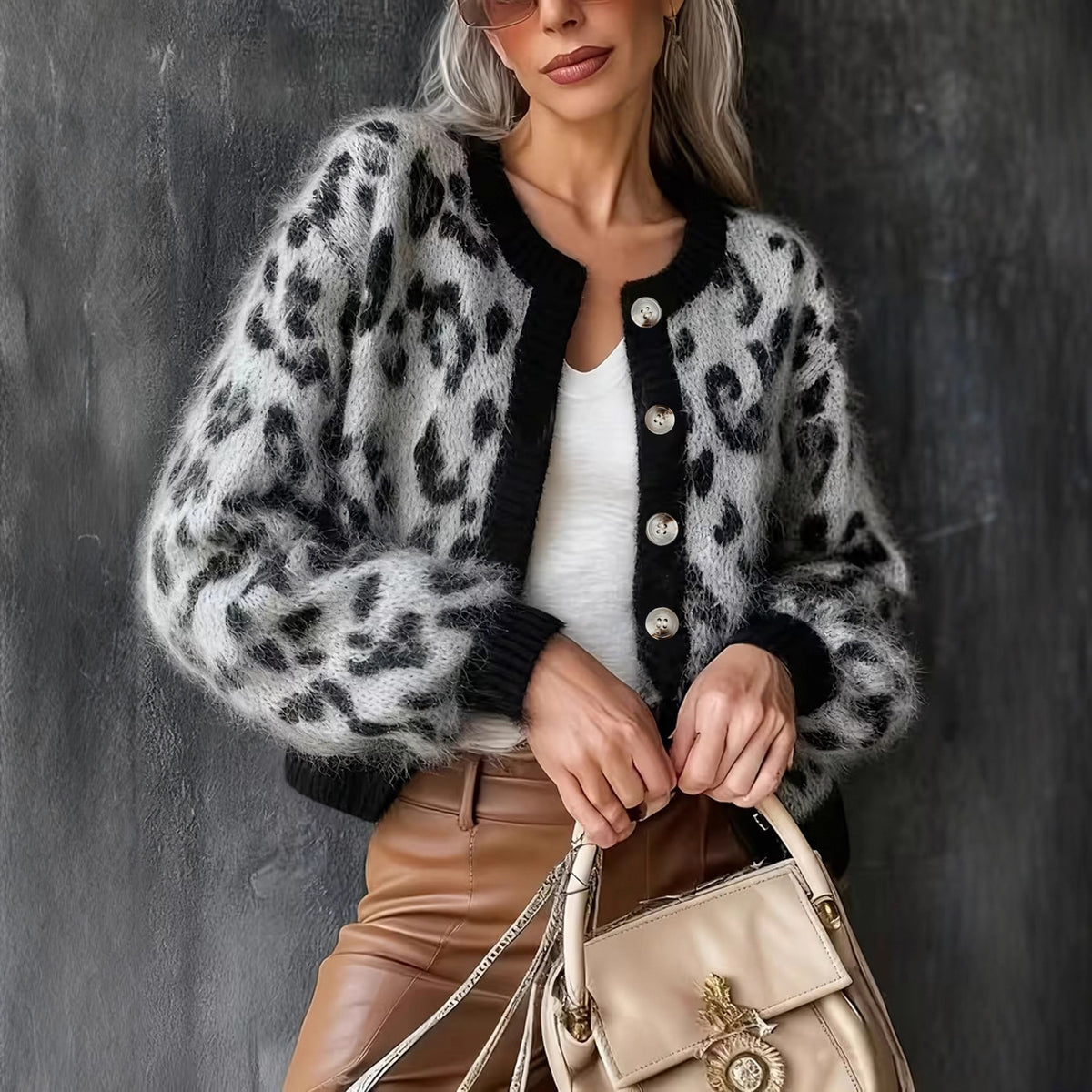 Women's leopard print cardigan with black contrast, button front and long sleeves