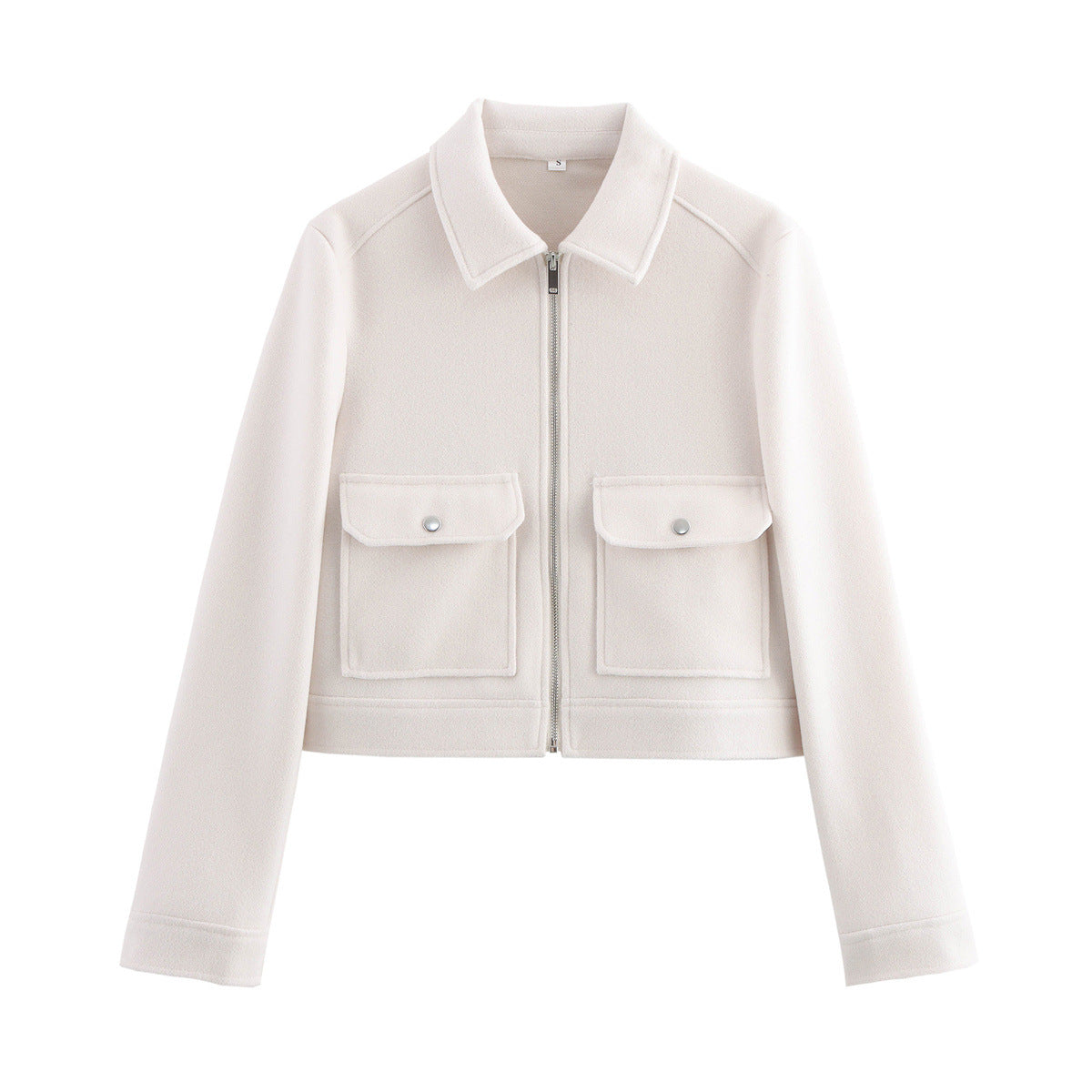 Cropped zip jacket, white wool blend, stand collar, flap chest pockets.