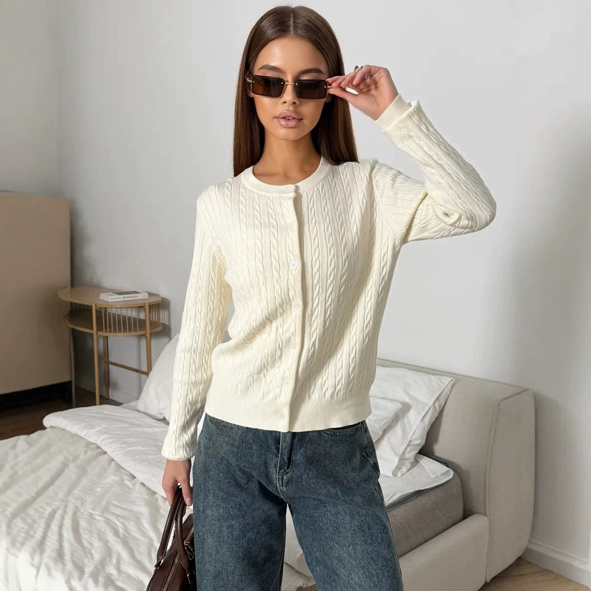 Fitted Cable Knit Cardigan for Women — Slim Round Neck Button Up in Soft Wool Blend
