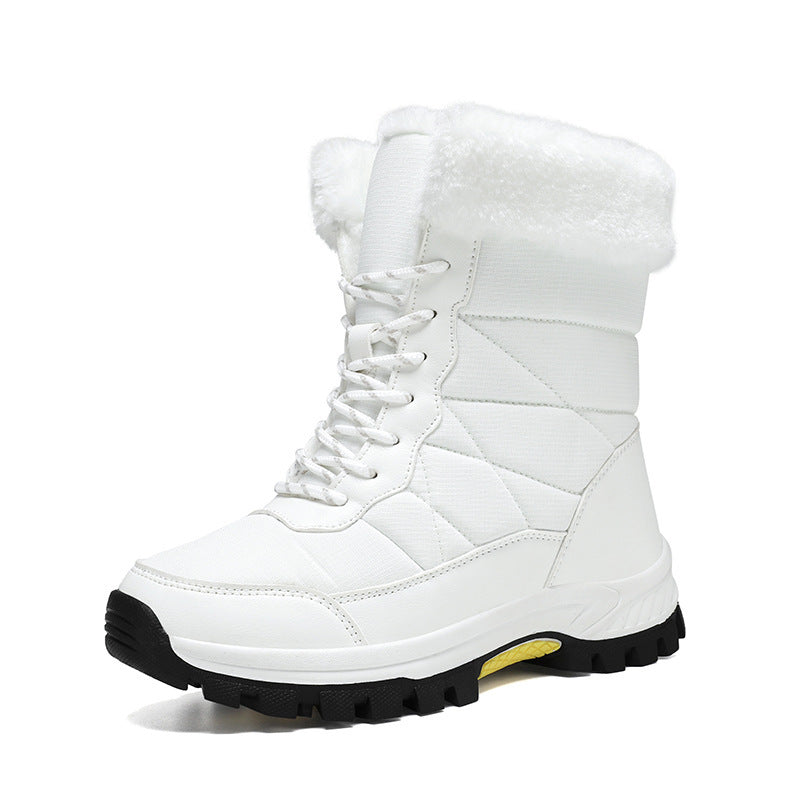 White winter snow boots with plush fleece cuff, lace-up front, thick non-slip sole