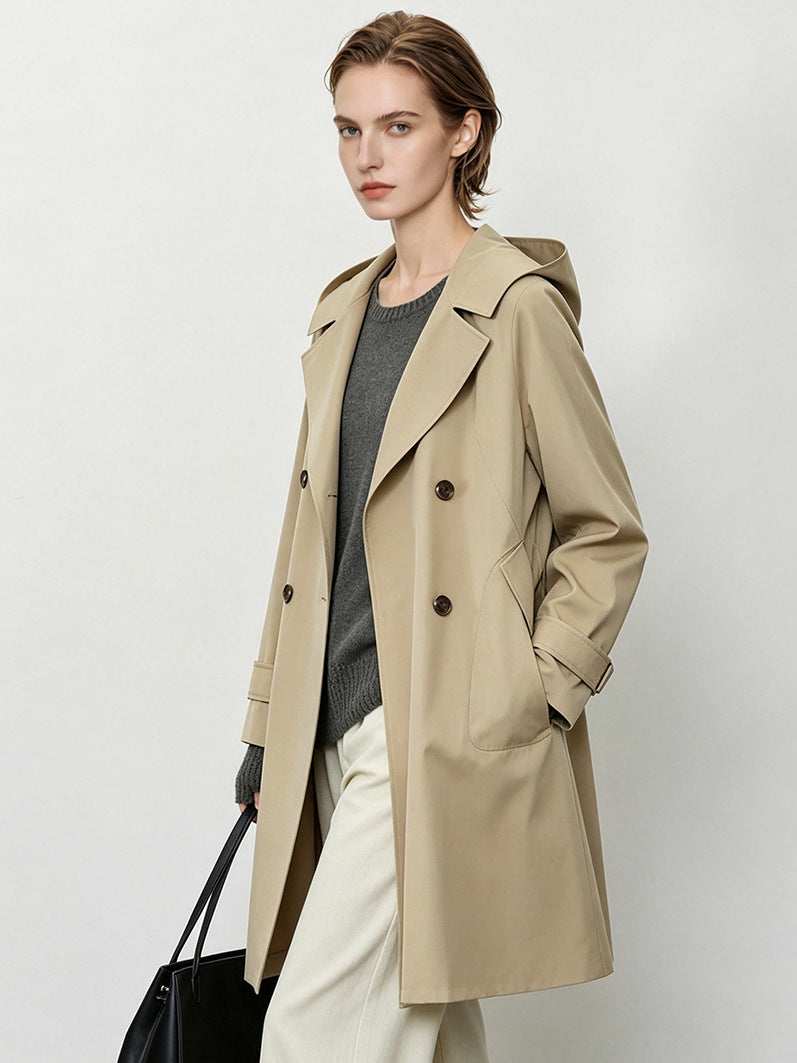 Khaki long hooded trench coat with wide lapels and double-breasted button closure