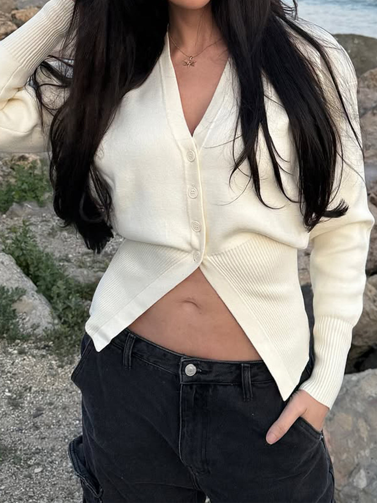 V Neck Cardigan for Women — Button Front Asymmetric Hem Knit in Merino Wool