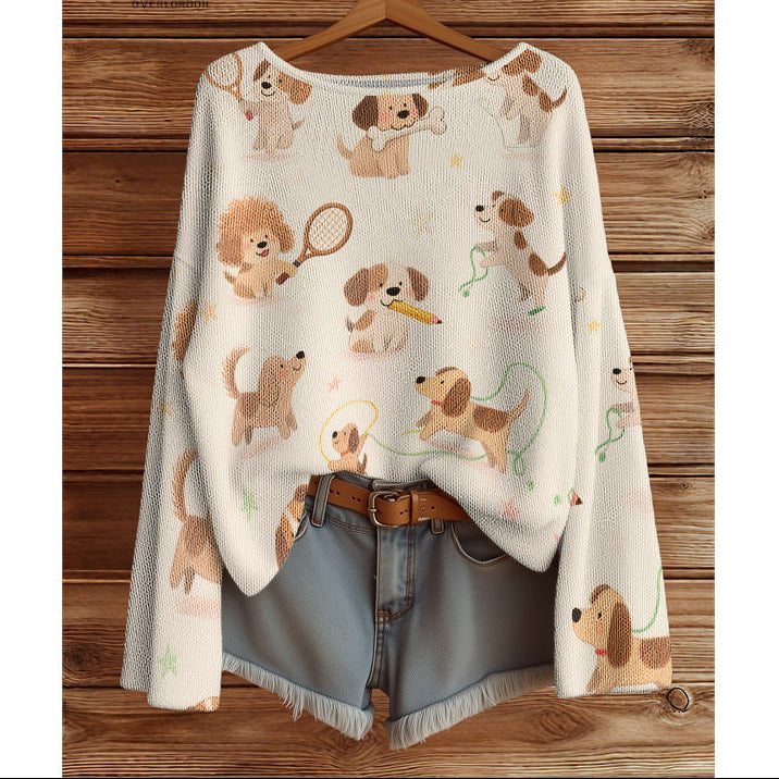Dolman Sleeve Sweater for Women — Oversized Boat Neck Knit with Playful Animal Print
