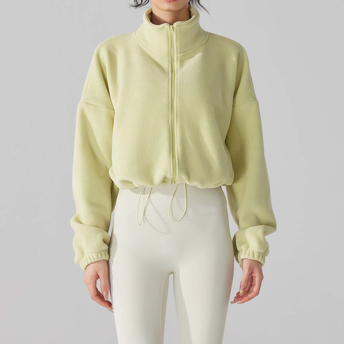 Cropped Fleece Jacket for Women — Zip Up Stand Collar with Drawstring Hem
