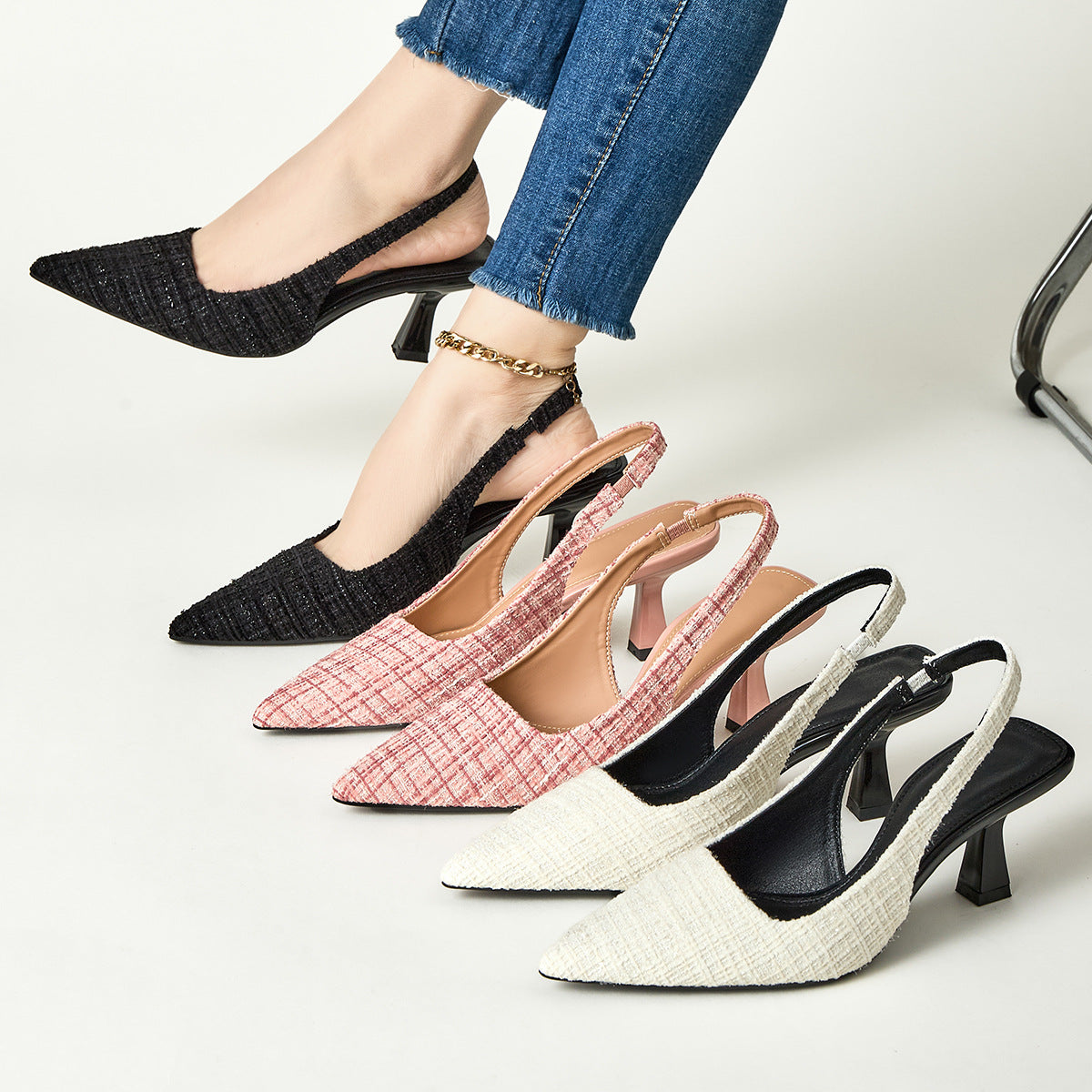 Black pointed-toe high heel sandals with back strap and slim block heel
