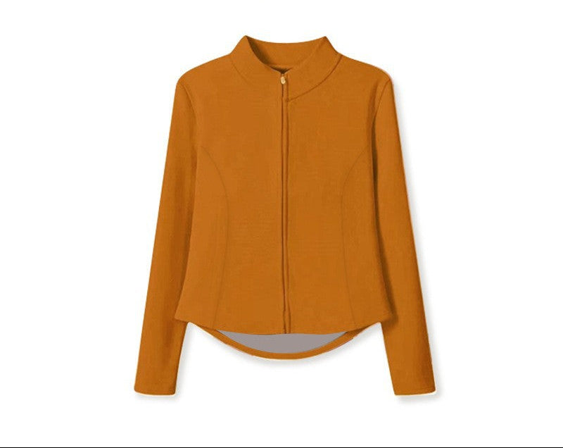 Orange zip-up stand-collar knit cardigan sweater with long sleeves