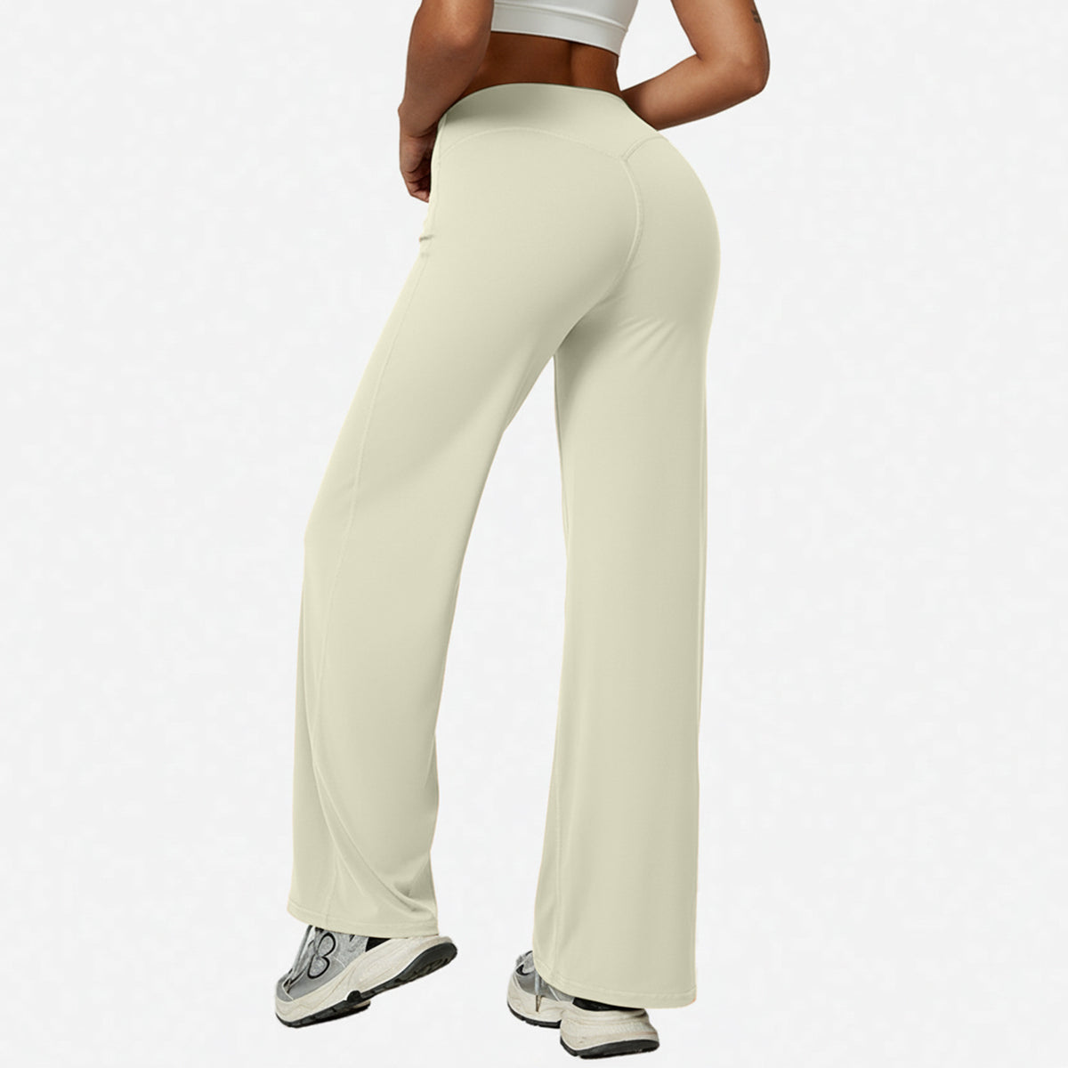 Apricot high-waisted wide-leg yoga pants with a rear seam