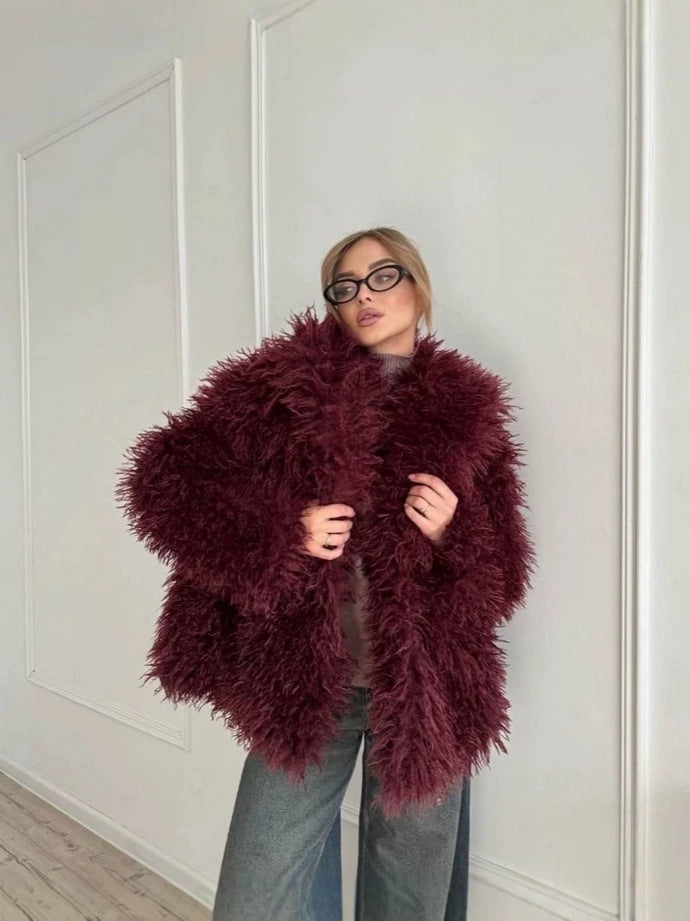 Wine red shaggy fur coat with wide lapels and oversized, relaxed fit