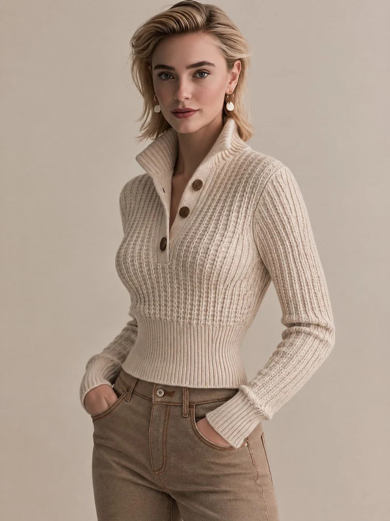 Women’s ribbed knit polo sweater, half-button collar, cream color