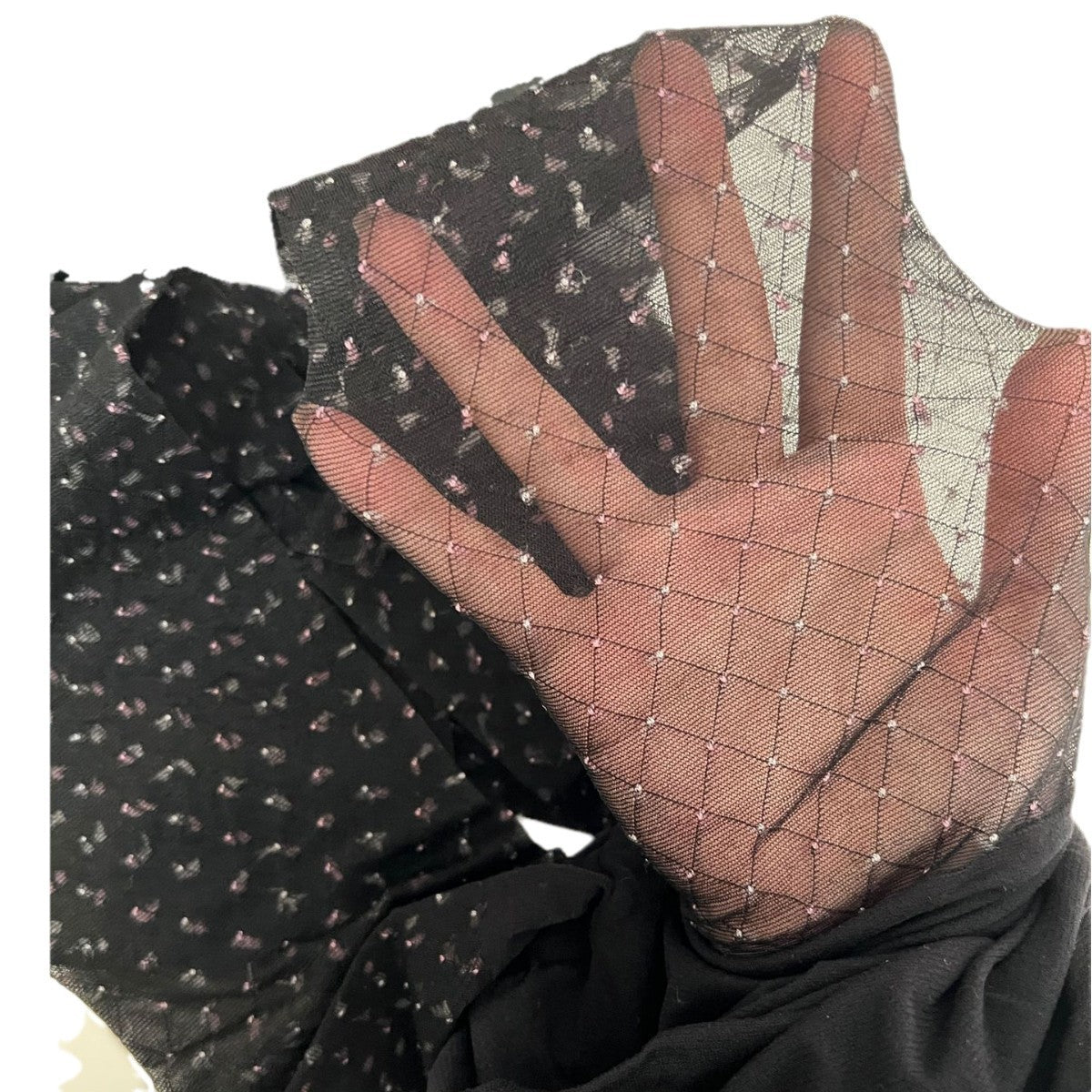Sheer diamond-net pantyhose, black and pink contrasting sheer panels near foot