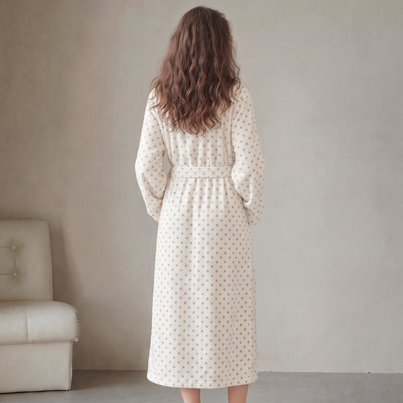 Women’s long flannel bathrobe in white with small dot pattern, tie belt and side pockets