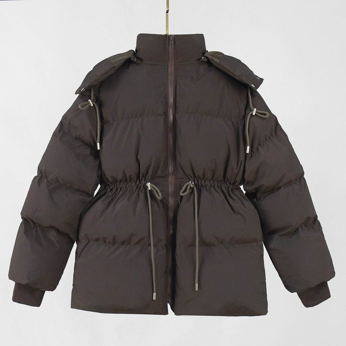 Dark brown hooded puffer jacket on hanger with front zipper and drawstring waist