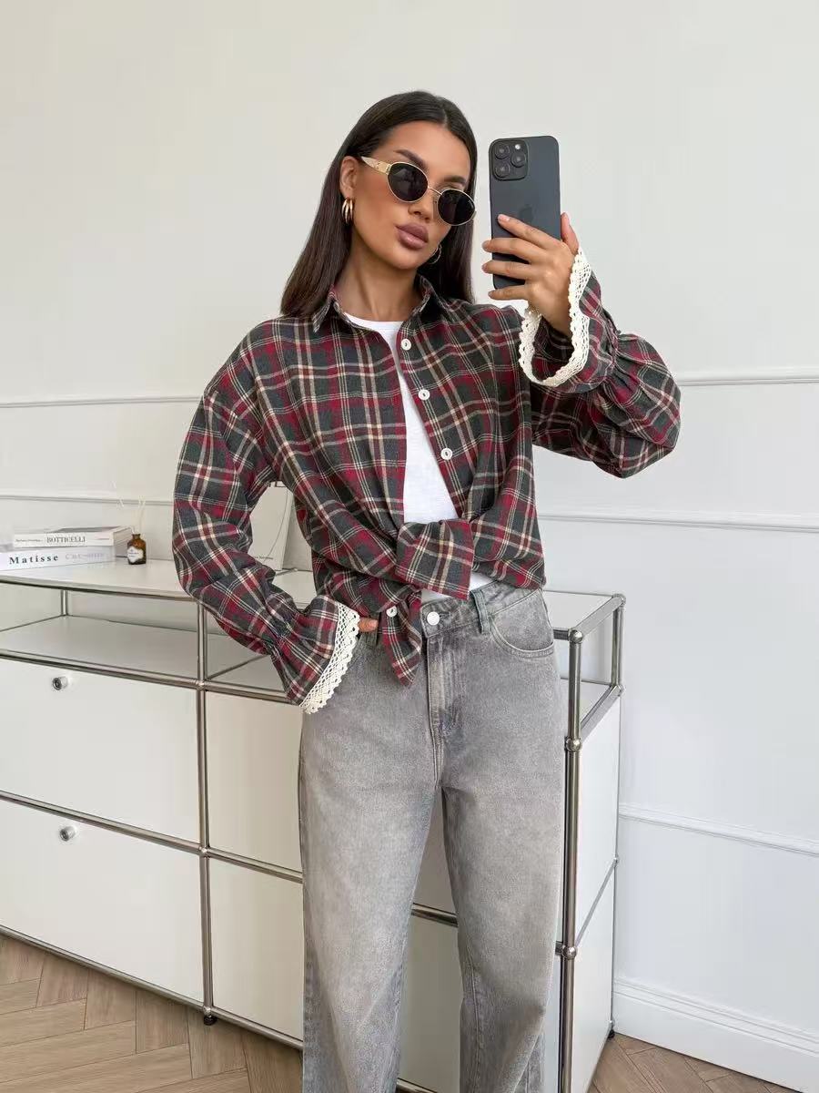 Plaid Flannel Shirt for Women — Oversized Button Down with Lace Trim Cuffs