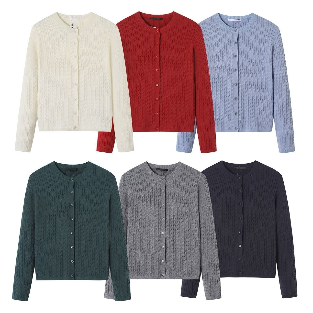 Cable Knit Cardigan for Women — Classic Crew Neck Button Front in Soft Merino Wool