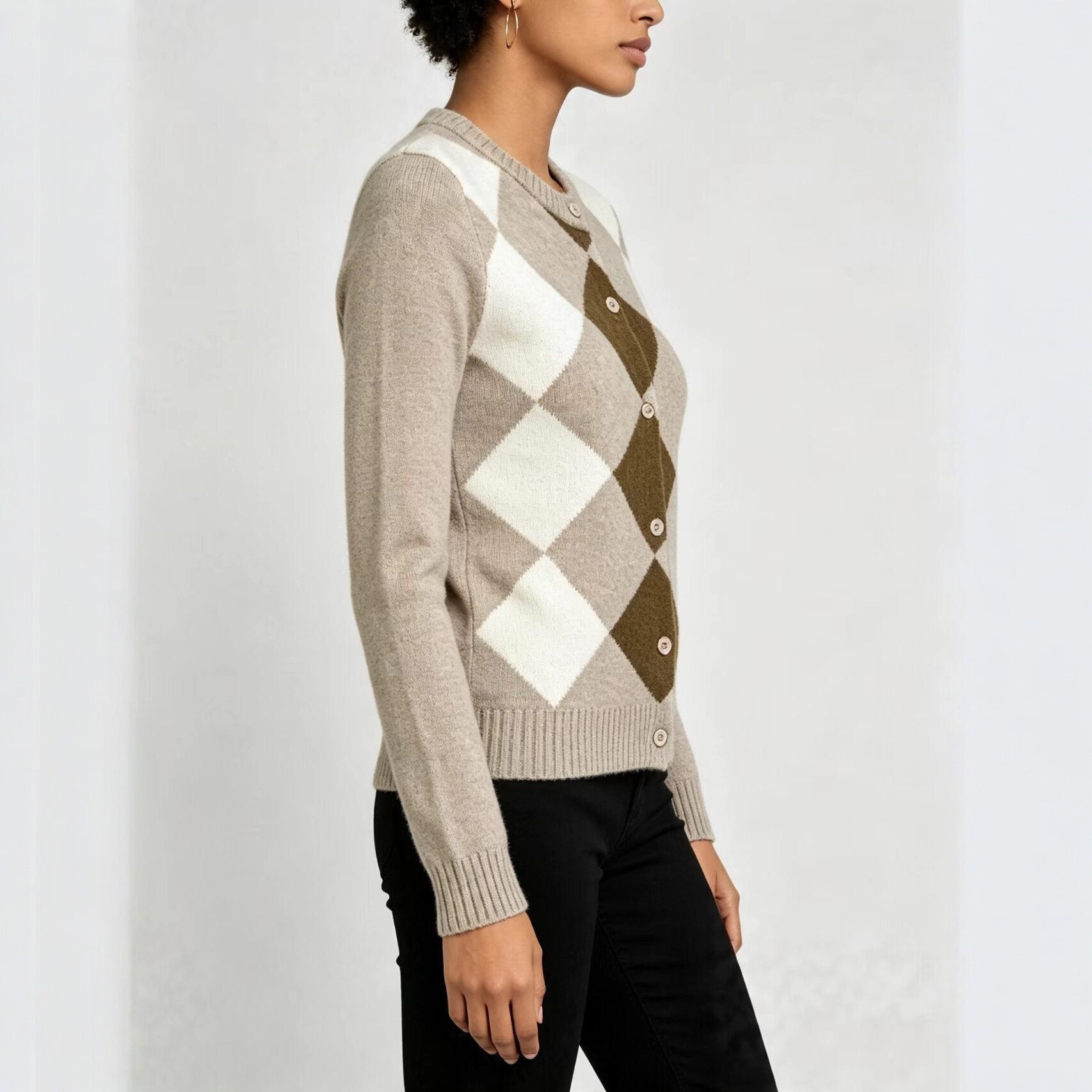 Argyle Cardigan for Women — Button Front Diamond Knit Preppy Style in Soft Wool