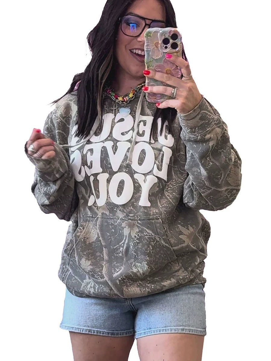 Gray camouflage drawstring hooded sweatshirt, long sleeves, LOVE YOU front print