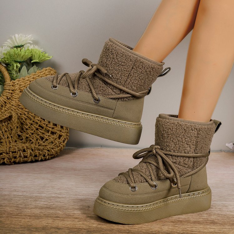 Taupe fleece-lined lace-up snow boots with chunky sole and high ankle cuff
