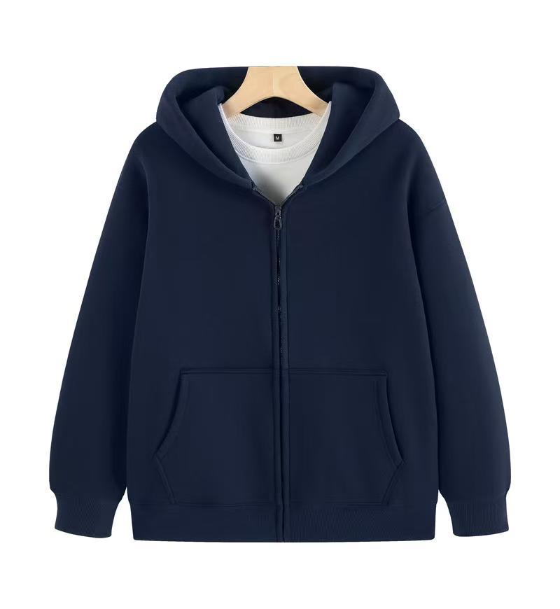 Navy blue zip-up hooded sweatshirt with front kangaroo pockets, long sleeves