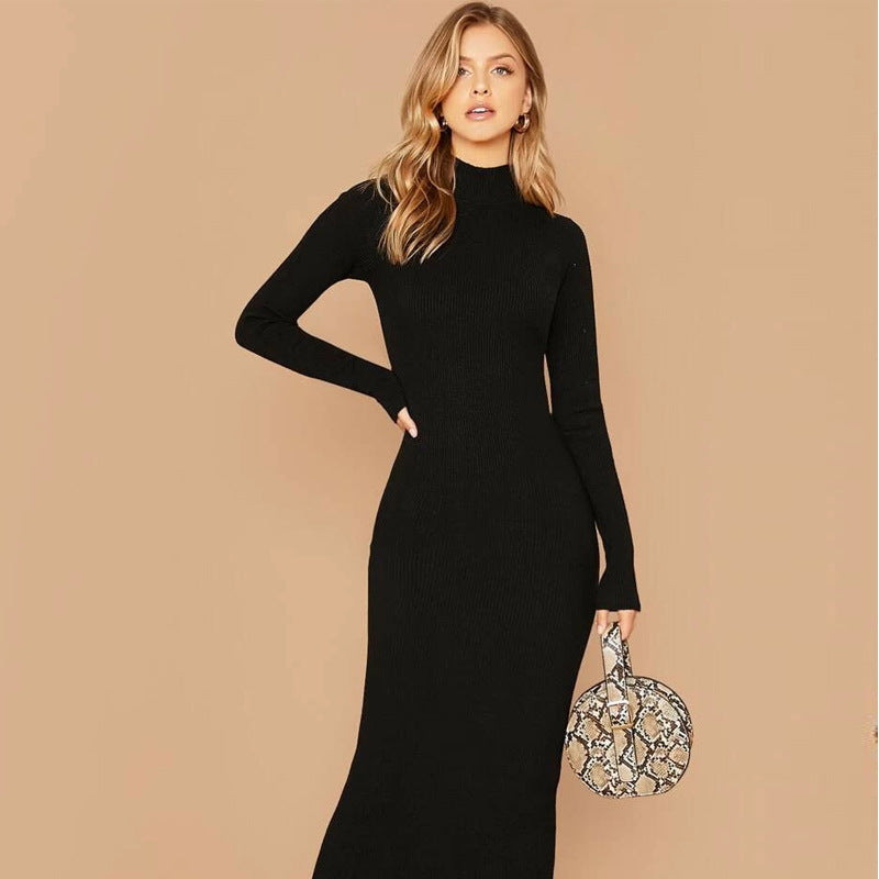 Ribbed Bodycon Midi Dress with Mock Neck — Long Sleeve Knit in a Sleek Fitted Silhouette