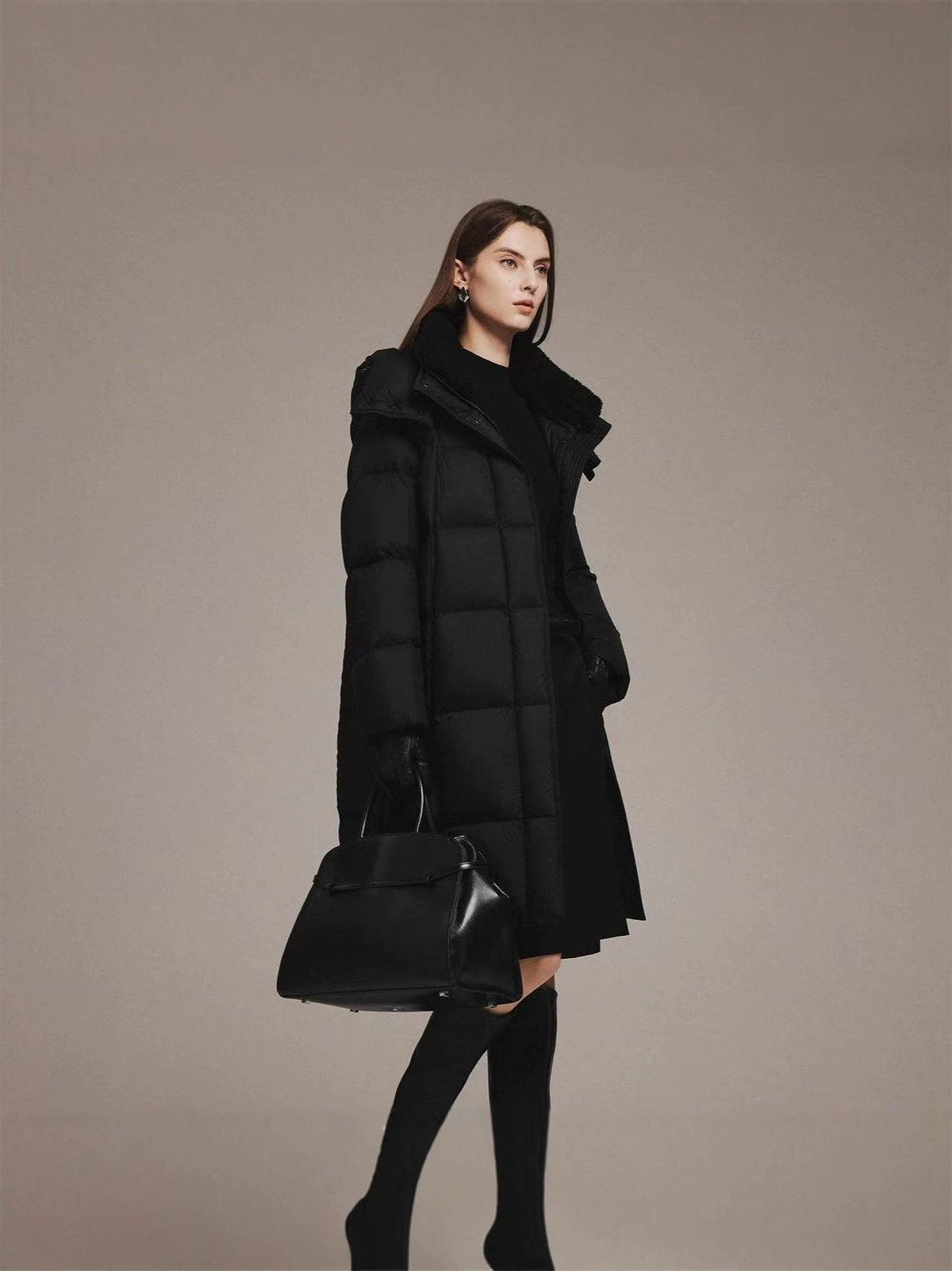 Women's black long down jacket, large lapel and quilted puffer front