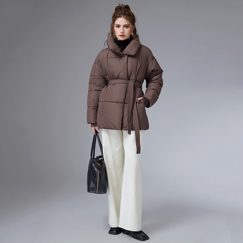 Women's dark brown cotton puffer coat with stand collar and waist tie belt