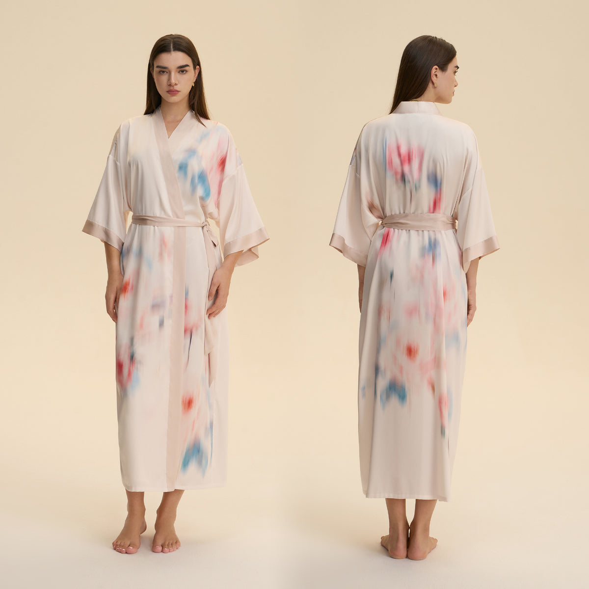 White satin floral V-neck robe nightgown with tie belt, watercolor print, mid-calf