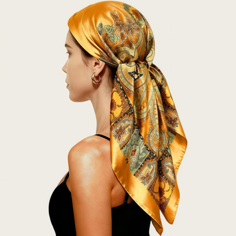 Mustard satin square scarf headscarf with ornate print panel, tied at the back