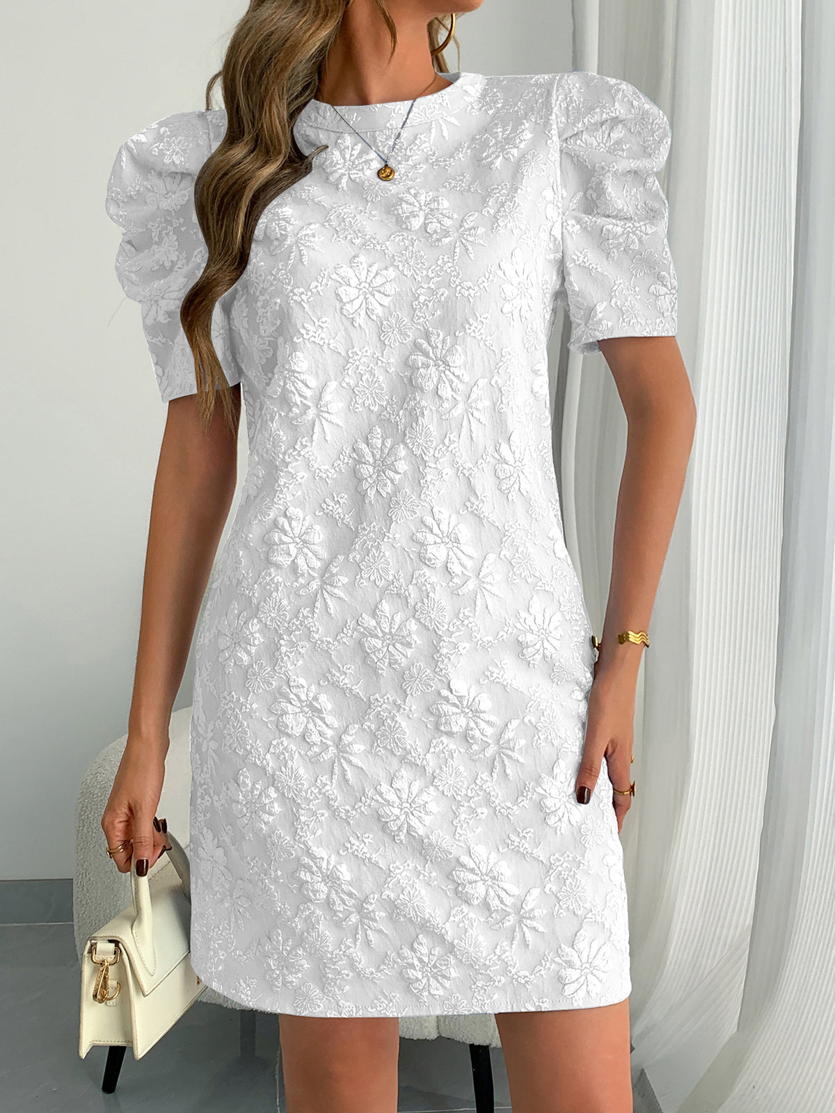 Floral Jacquard Mini Dress — Short Puff Sleeve A Line Shift for Weddings