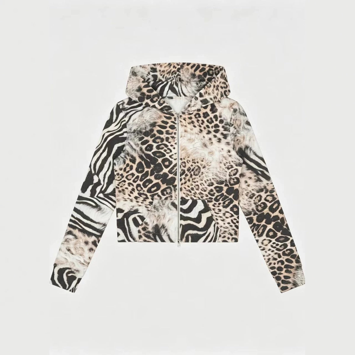 Animal-print cropped zip hoodie with zebra and leopard patterns, front view