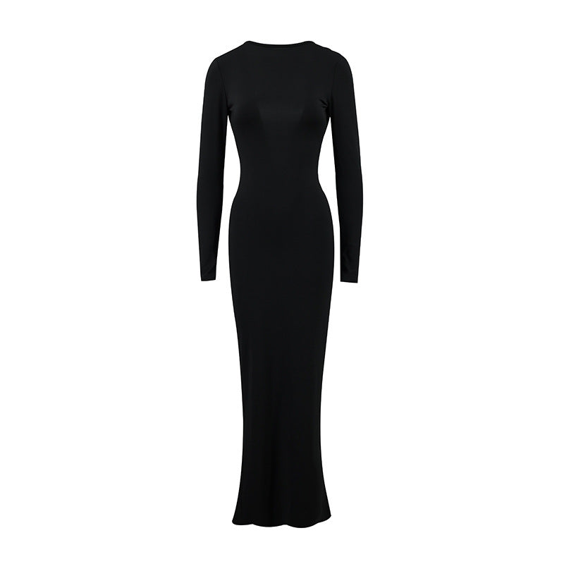 Black long-sleeve fitted maxi dress with smooth straight silhouette