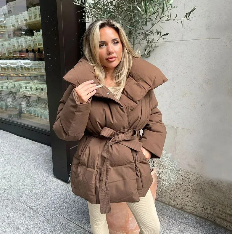 Women's cotton puffer coat, brown hooded belted waist, long sleeves