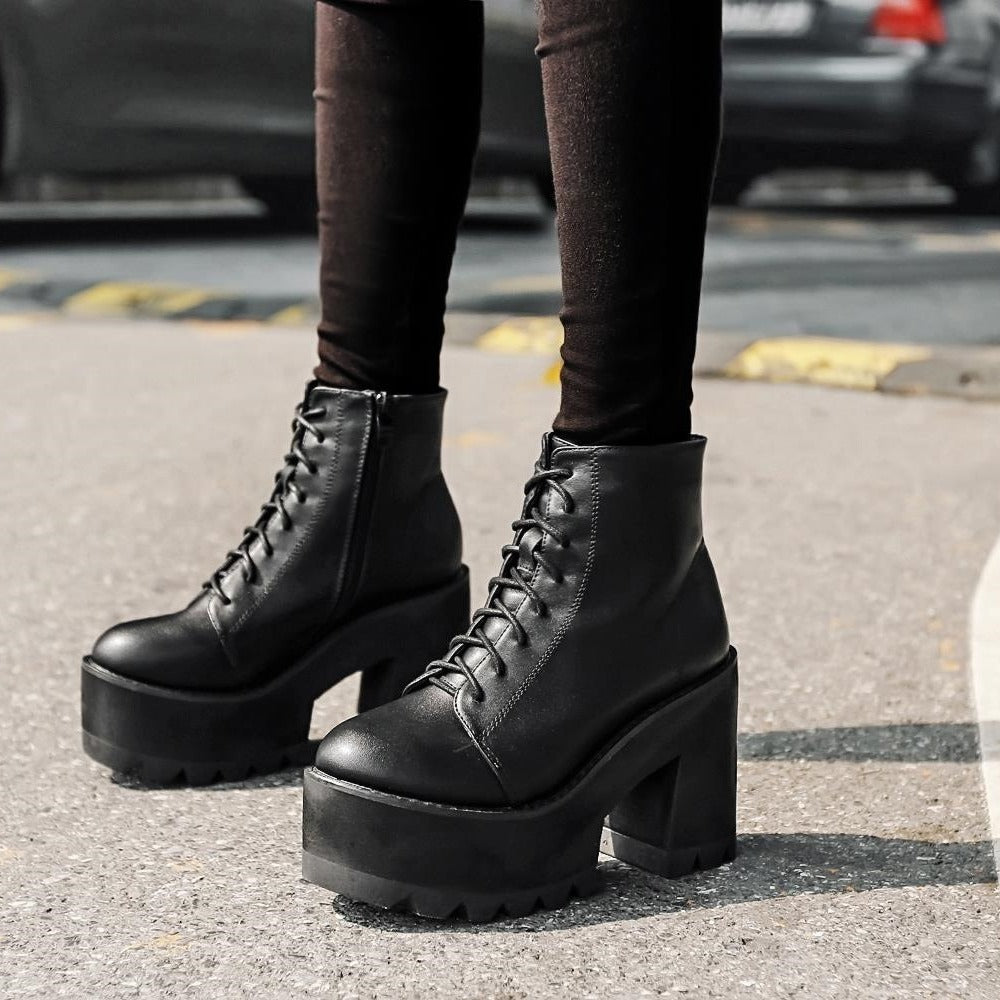 Platform Ankle Boots for Women — Chunky Lace Up Combat Style in Faux Leather