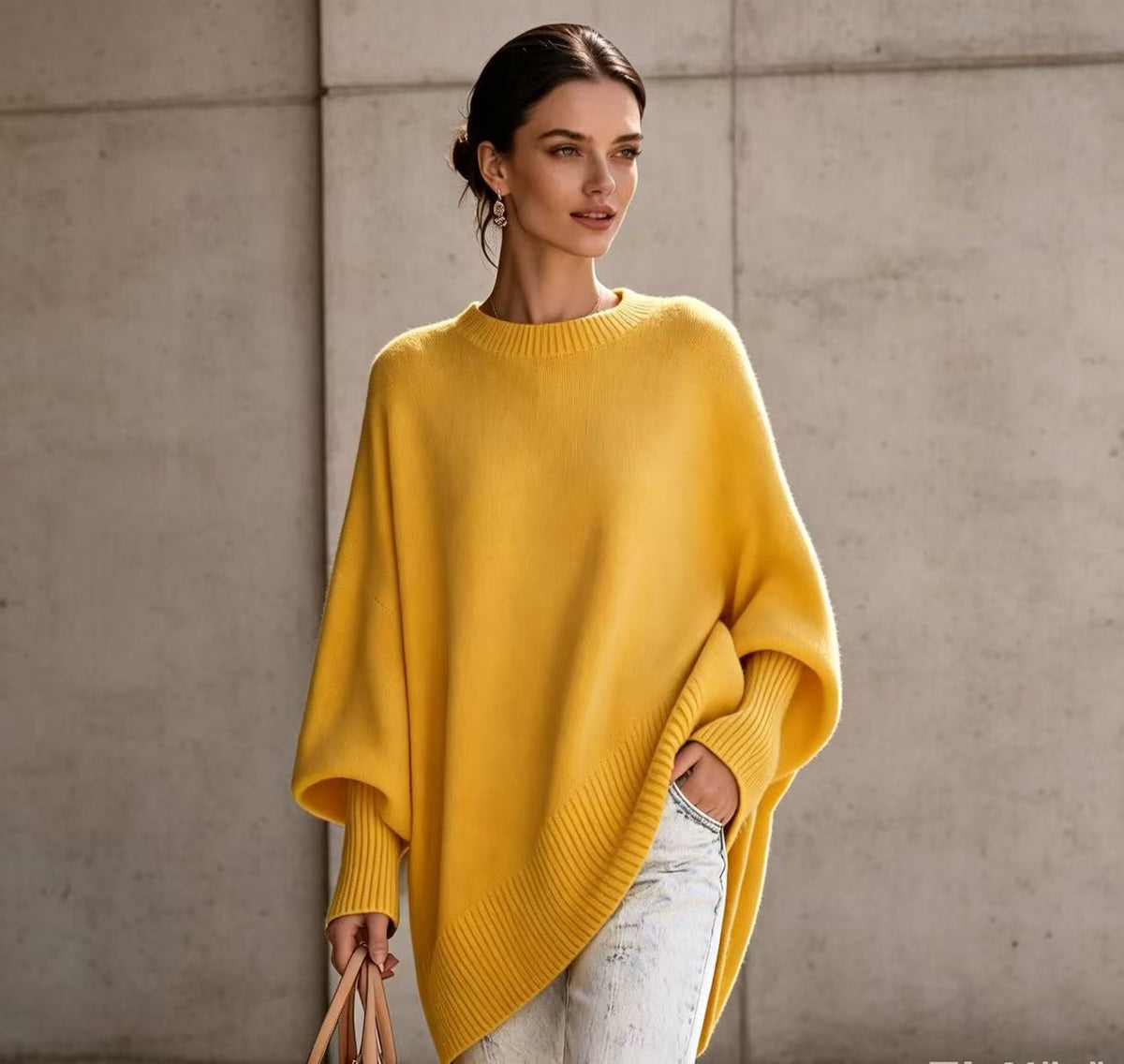 Women’s loose knit sweater, mustard yellow solid color, round neckline, oversized sleeves