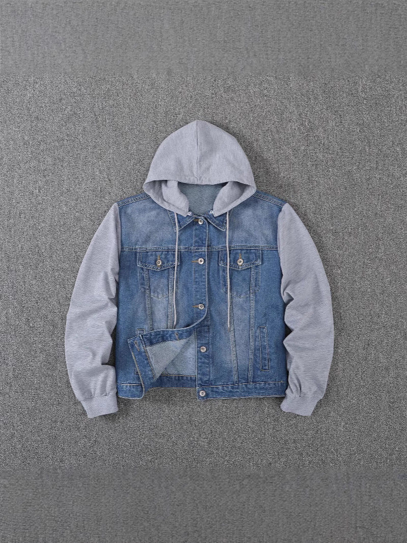 Women’s blue denim hooded jacket with patch pockets, button front, gray sleeves