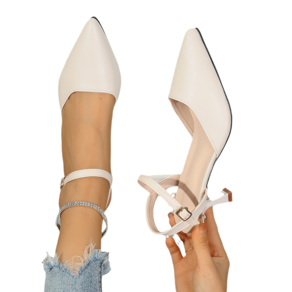 Off-white pointed-toe slingback heel shown from above and below, with an ankle strap