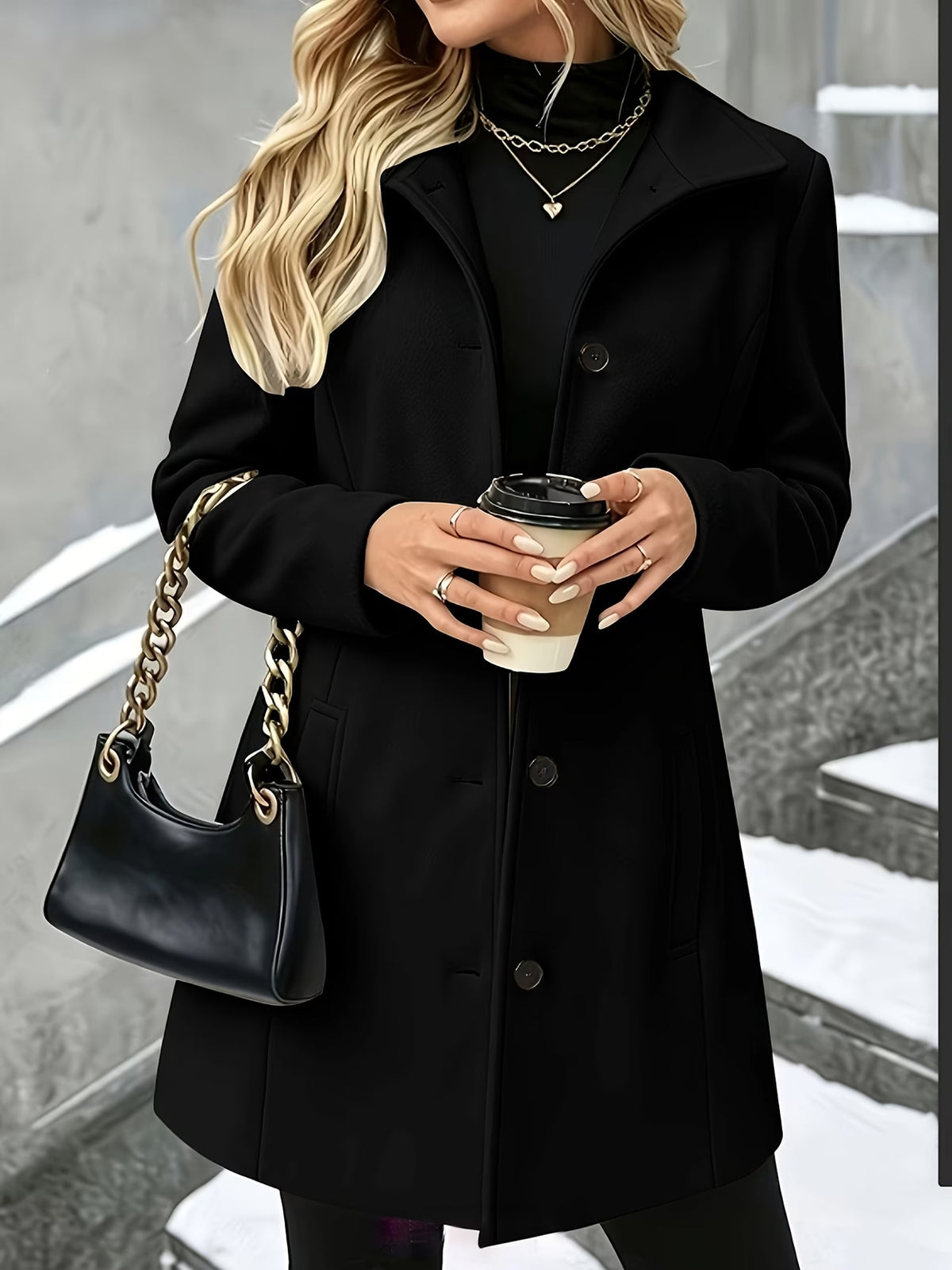 Women’s mid-length wool coat in black, turn-down collar, single-breasted button front
