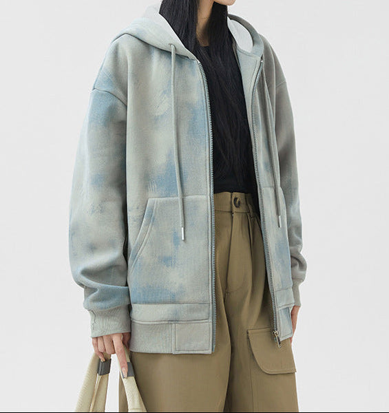 Light blue-gray hooded zip cardigan sweatshirt with drawstring hood and front pockets