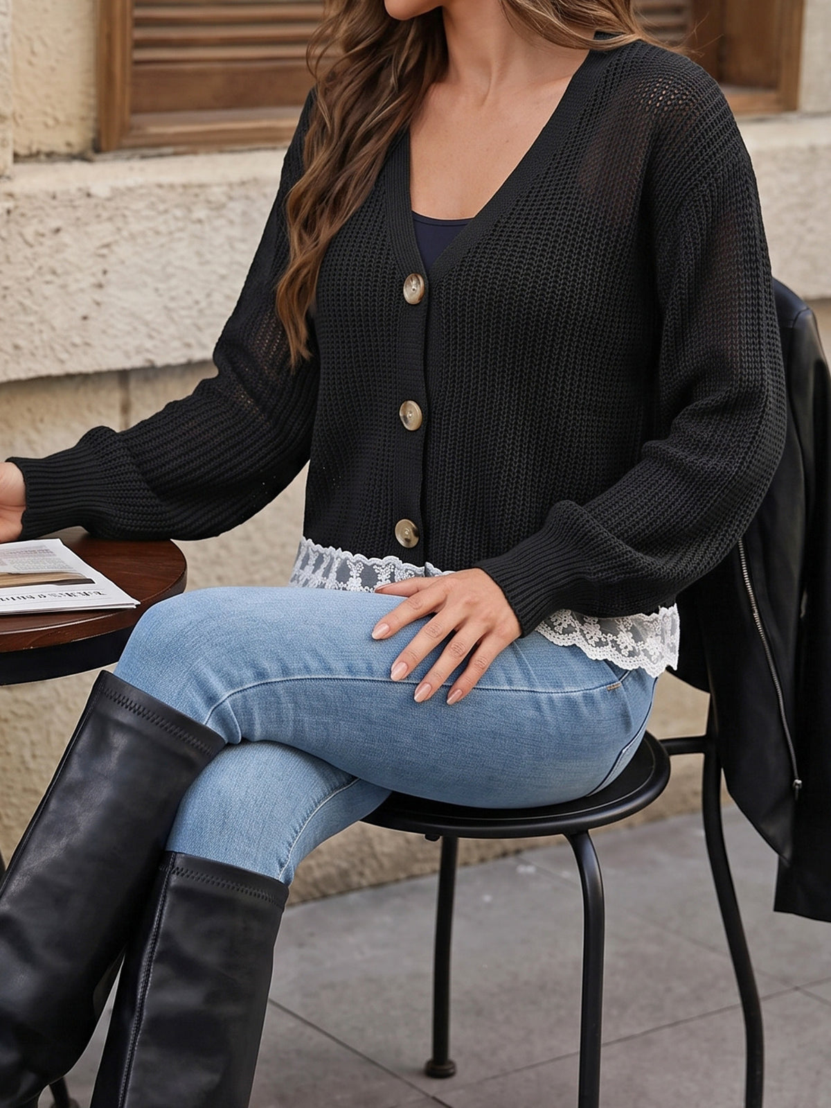 Women’s knit cardigan sweater with button front and lace-trim hem, black