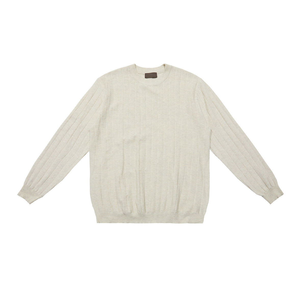 Light cream vertical stripe ribbed knit sweater with crew round neck, long sleeves.