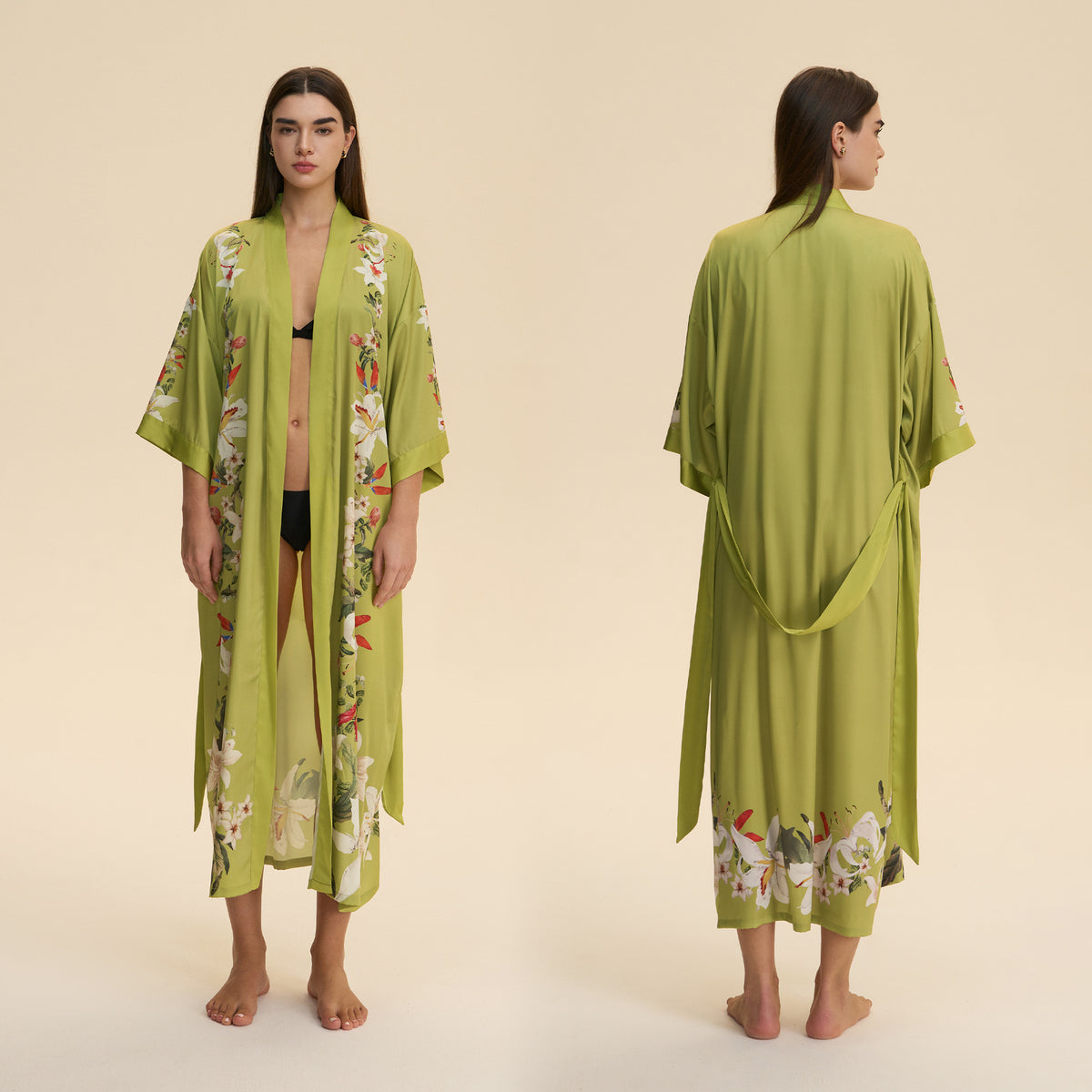 Light green satin long robe with floral border hem, tied belt and flowing kimono sleeves