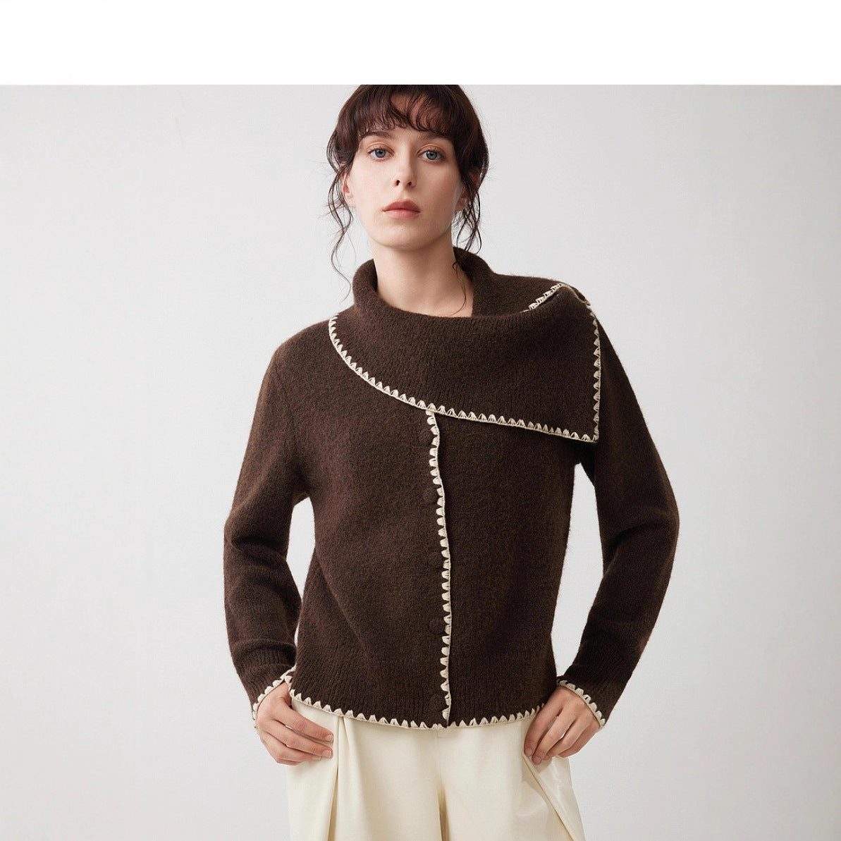 Women’s dark brown color-block sweater with scarf-style collar, white zigzag trim