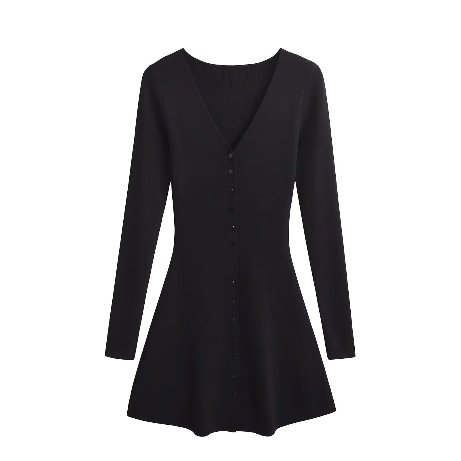 Black knit mini dress with V-neck, long sleeves, button front, A-line silhouette.